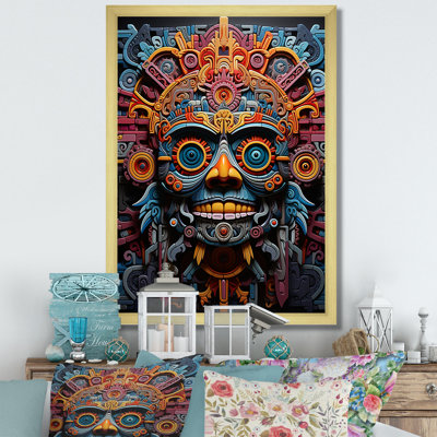 «Albali Teal Orange Mexico Vibrant Aztec Mask», art mural Mexique encadré