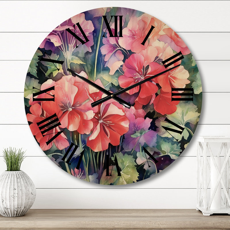 Horloge murale corail vert avec géraniums, Petit