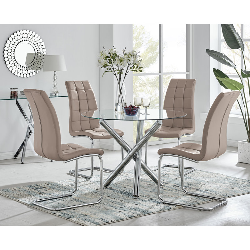 Seline Modern Round Dining Table Set in Glass and Chrome with 4 Modern Faux Leather Dining Chairs, Cappuccino