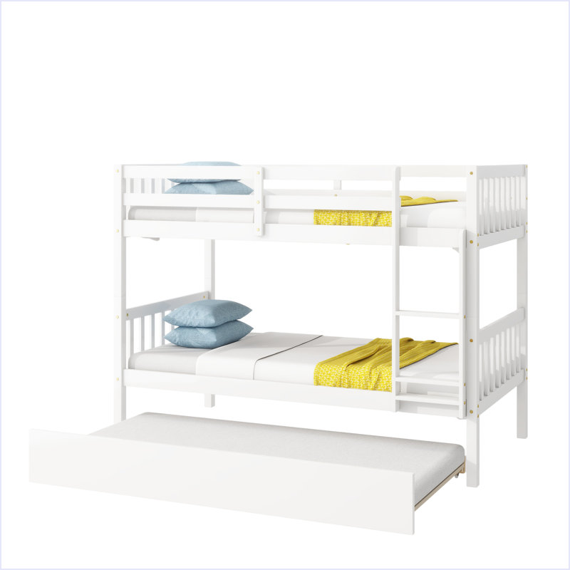 Lit simple superposé en bois d'hévéa simple avec lit gigogne, convertible en lit simple, Blanc