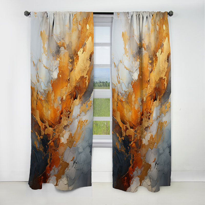Panneau de rideau abstrait, motif géométrique blanc doré occultant - Geode Lava III dorée et blanche, L 52 po x L 95 po