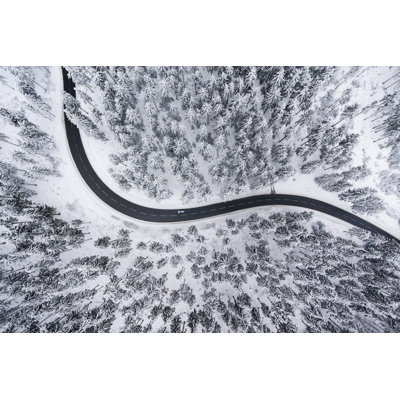 Road through the wintery forest - aerial view Wall Art on Canvas