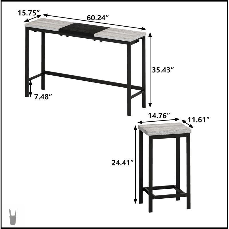 Modern Design Kitchen Dining Table Set With 3 Stools, Unique Splicing Tabletop And Space-Saving Hanging Stool Design