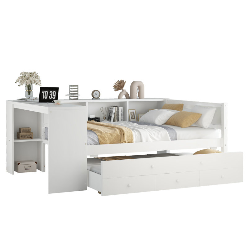 Full Size Daybed with Trundle, Wood Frame, Storage Drawers & Side Shelves, Desk Included, No Spring Box, White, Full/Double