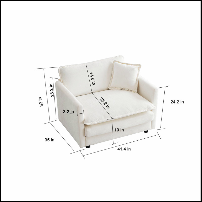 Deep Single Seat Sofa Upholstered Reading Armchair for Living Room, Comfortable and Stylish White Chenille Fabric, White