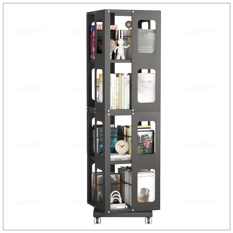 4-Tier All-Steel Rotating Bookshelf With 360° Wheels, Large Size Sturdy And Spacious Book Rack, Easy Assembly, Black