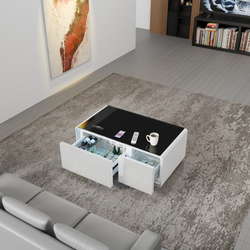 Table basse intelligente avec tiroirs réfrigérés à chargement sans fil et haut-parleurs Bluetooth intégrés, Blanc