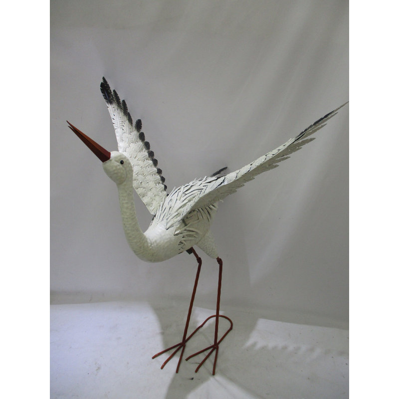 White and Brown Metal Heron Garden Sculpture with Open Wings