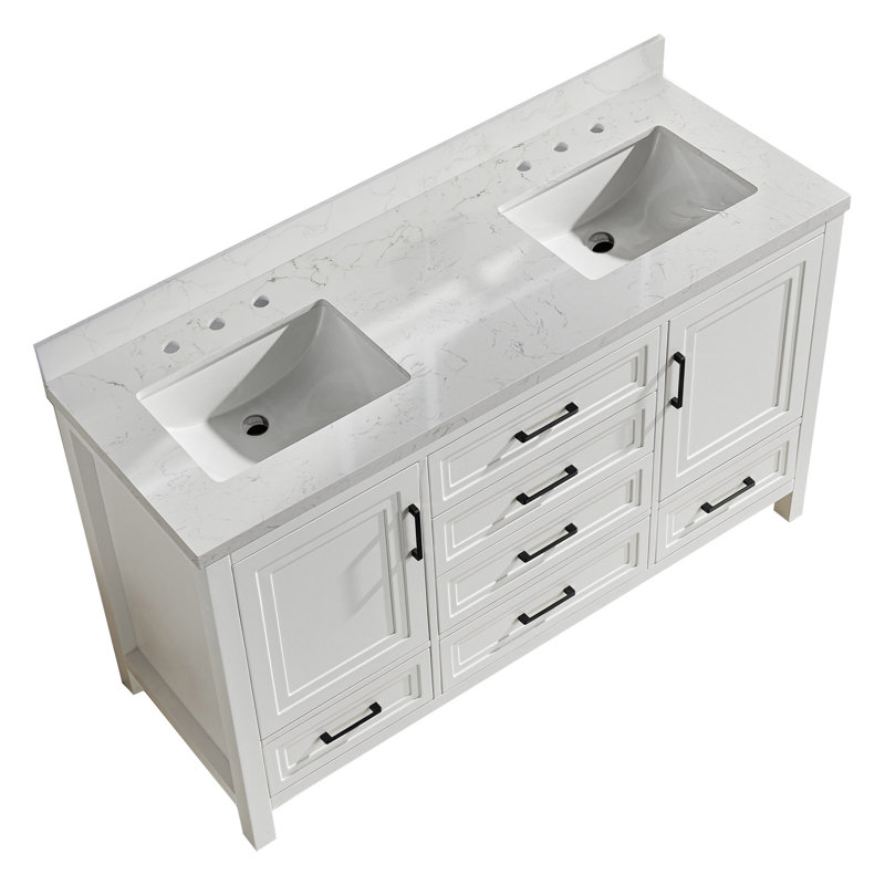 Luxueux meuble-lavabo double | Armoire autoportante entièrement assemblée | Comprend 2 ensembles de poignées libres pour la personnalisation (119 caractères)