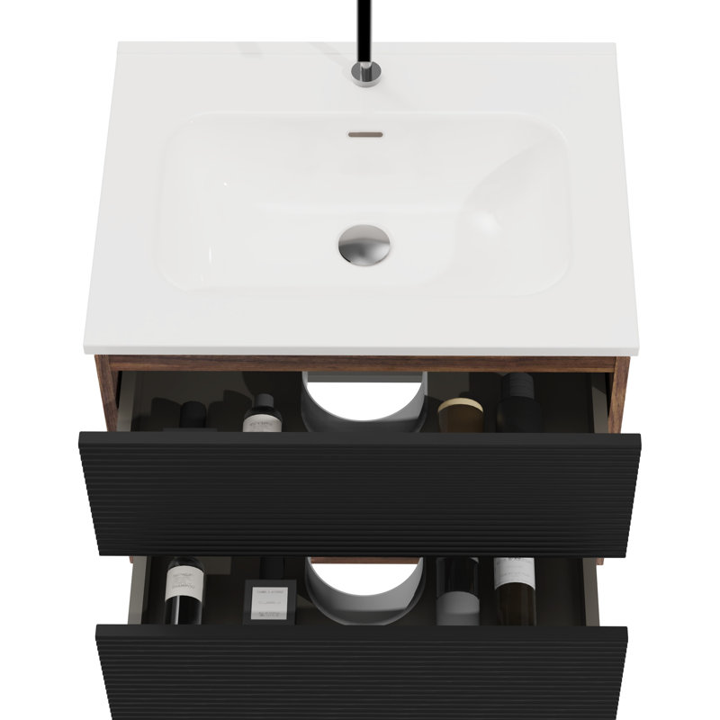Meuble-lavabo mural noir doux et noyer, 24 po avec lavabo intégré, trop-plein, fonction de fermeture silencieuse du tiroir, 20% de rangement supplémentaire, poignée - Conception plus d'espace de rangement, approche