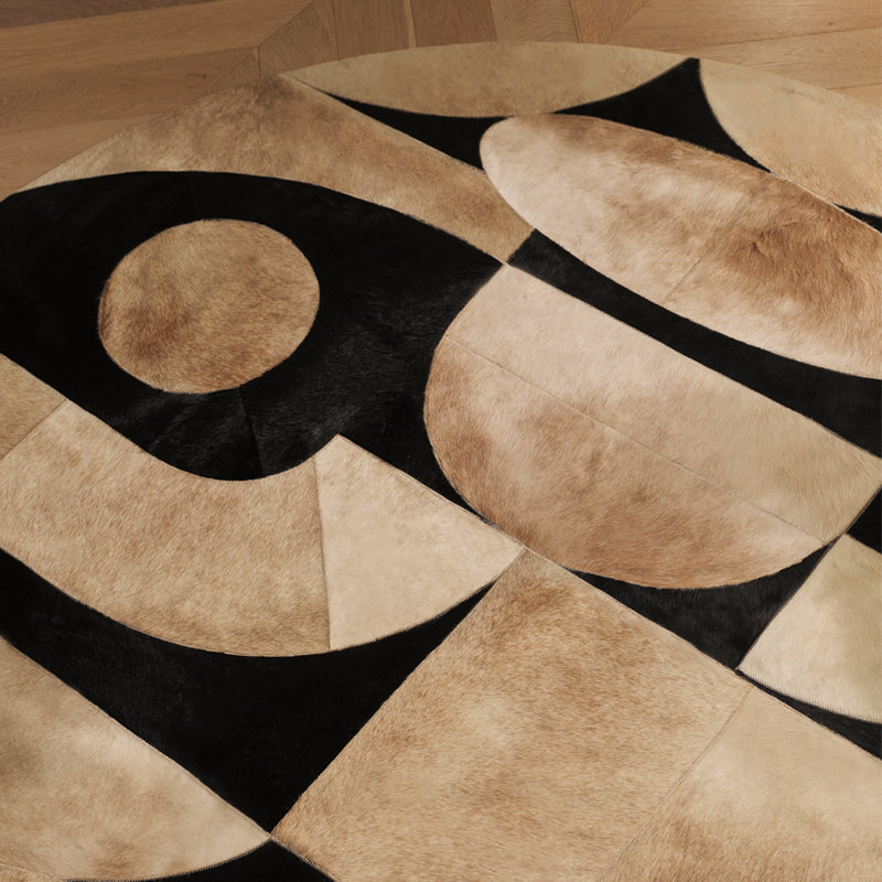 Art Hide X Greg Natale Cowhide Block Print Area Rug, Round 6’6”