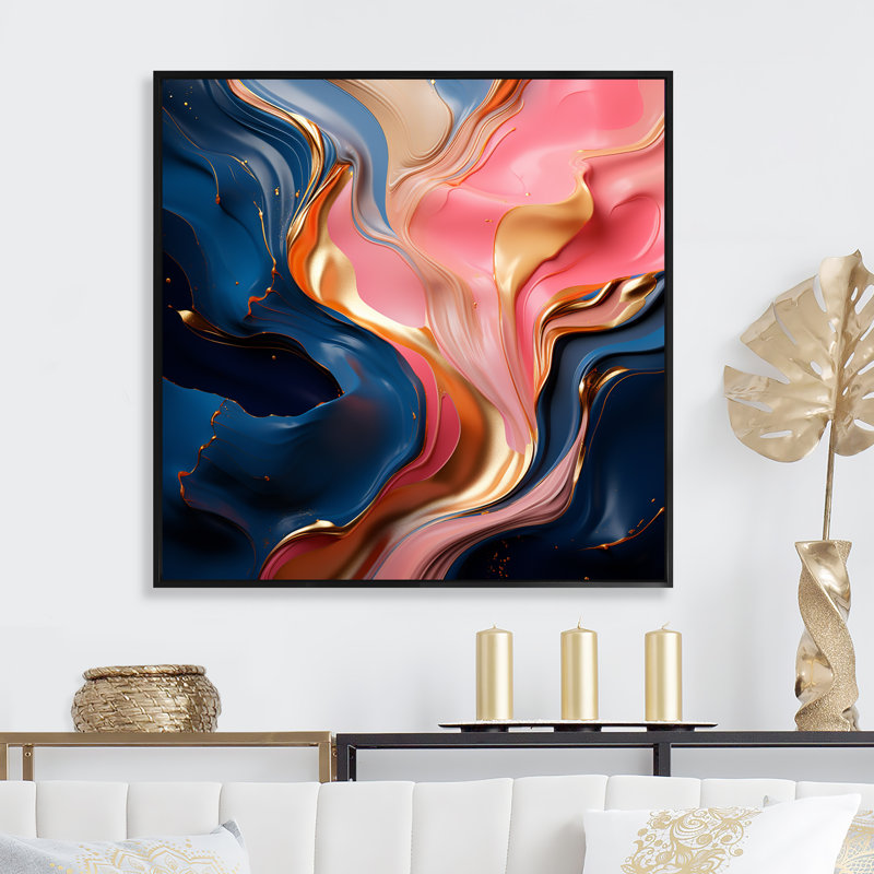 «Rose and Gold», encre liquide Abstraction II - encre liquide, art mural abstrait, Cadre flottant noir
