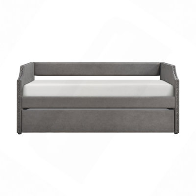 Daybed With Trundle Textured Fabric Upholstered Wooden Furniture 1Pc, Daybed In A Box
