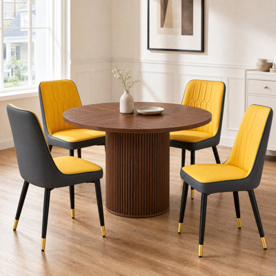5-Piece Round Walnut Dining Table Set with Hidden Storage Pedestal