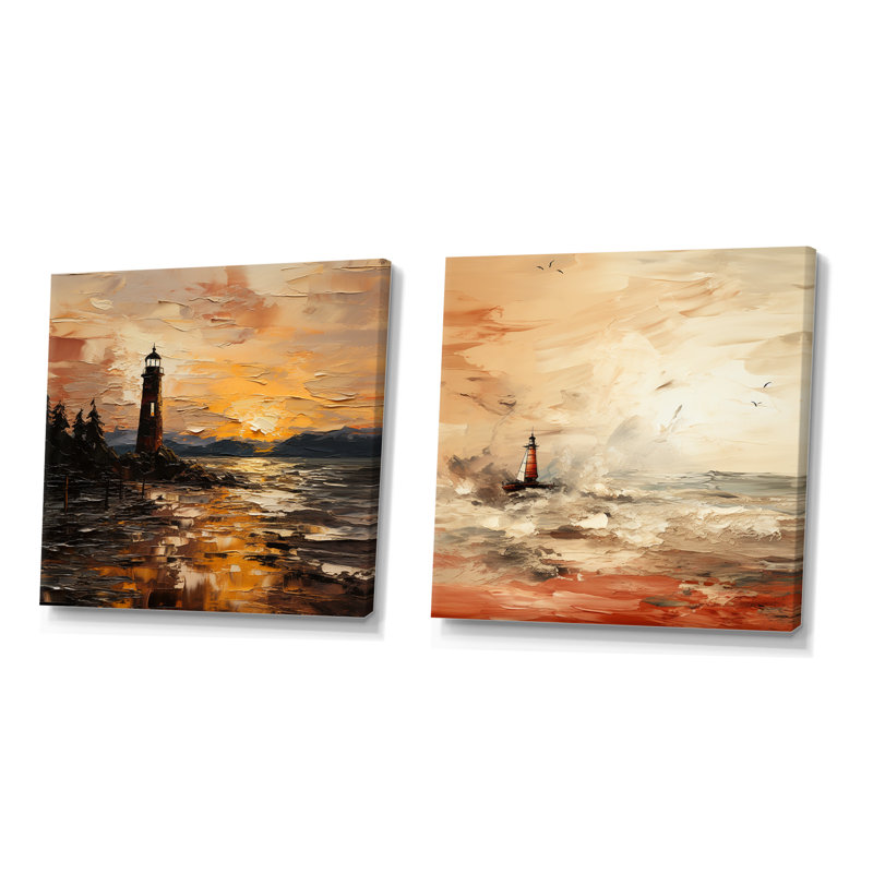 Peinture jaune du phare coucher de soleil I - ensemble de salon art mural coucher de soleil côtier, Toile tendue