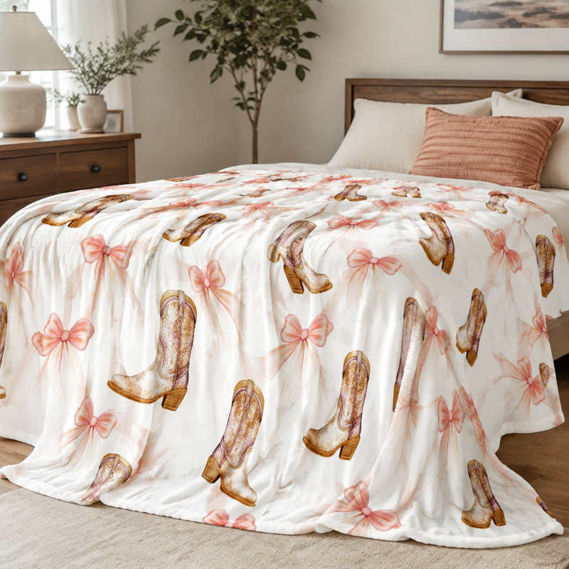 Cowboy Boots with Bows Throw Blanket, Whimsical Cowboy Boots with Bows Pattern, Ultra Soft, Lightweight, Breathable, All-Season, Skin-Friendly, Machine Washable, Decorative, for Sofa, Couch, Living Room and Bedroom