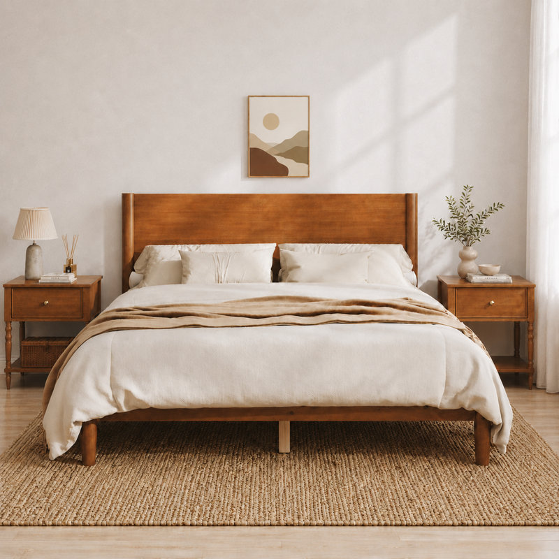 Grand lit plateforme en bois de pin massif de style Mid-Century, brun, Grand lit, Brun