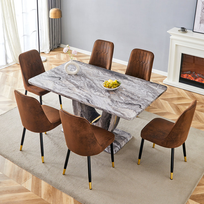 63" Modern Gray Dining Table Set With PU Leather Chairs, U-Shaped MDF Base, Brown, 7 Pieces: Table, 6 Chairs