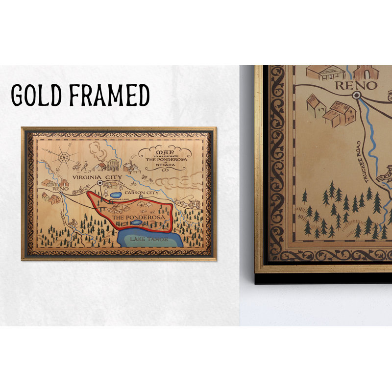 Carte rétro de la Ponderosa Nevada: reproduction d'art sur toile, 1P encadrée d'or, 31,6 po H x 43,4 po l