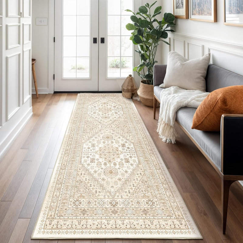 Medallion Non Slip Washable Rug(Cream), Runner 2' x 5'