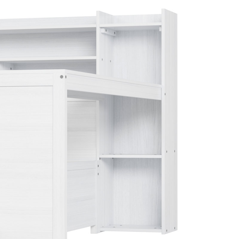 Lit de jour en bois pleine grandeur avec tablettes polyvalentes et bureau d'étude, système de rangement efficace blanc antique