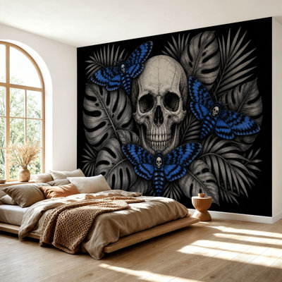 Wall Mural Peel and Stick Wallpaper Skull palm leaves butterflies hand drawn Tattoo vintage print skull Self-Adhesive Removable Contact Paper Wall Decor for Living Room Bedroom 69"H x 96"W