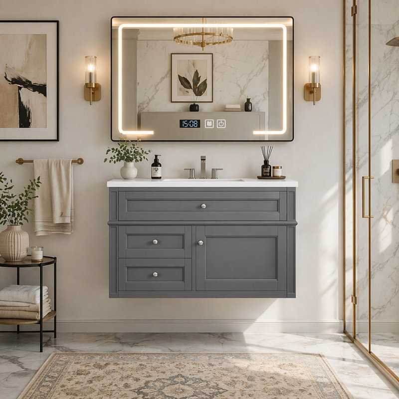 Meuble-lavabo mural 36 po, armoire de rangement flottante avec 2 tiroirs, 1 tiroir basculant, lavabo simple en céramique 3 trous, armoire moderne