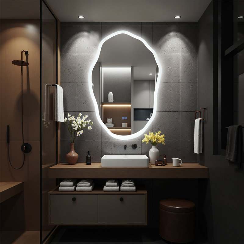 Irregular Shape Frameless Lighted;Bathroom/Vanity Mirror;Backlit + Front Lit,Dimmable Anti Fog Wall Mounted Mirror