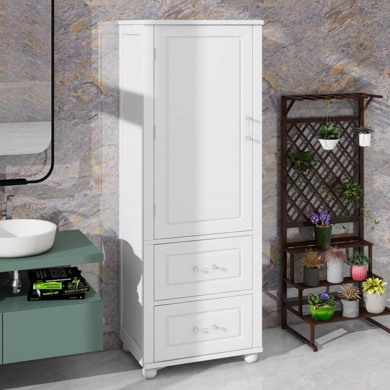 Armoire de rangement de salle de bain de 61,4 pouces de hauteur autoportante avec deux tablettes réglables, Blanc