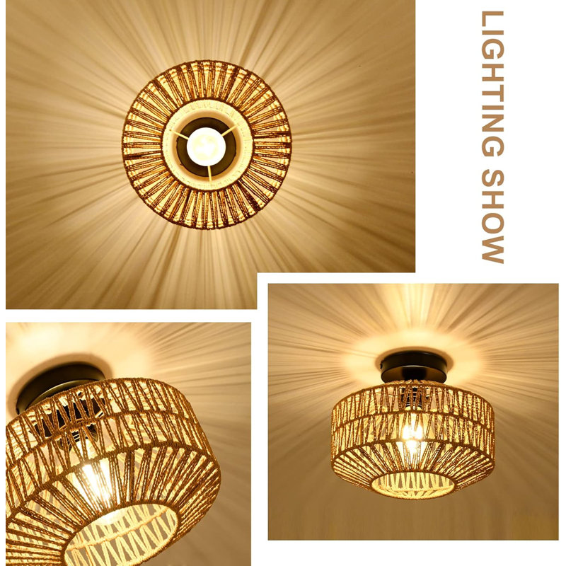 Boho Light Fixtures Ceiling Mount Mini Rattan Chandelier Light Fixture With Dimmable LED Bulb Hand Woven Ceiling Light Fixtures Flush Mount