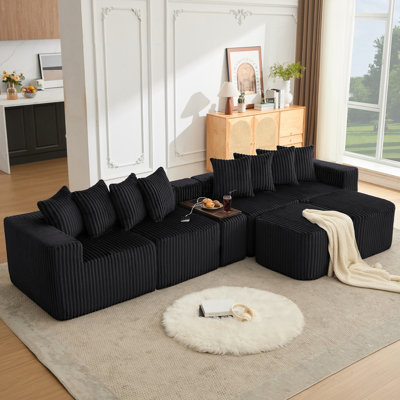 137.5" U Shaped Sofa , USB & Wireless Charge, Coffee Table Board With a Cup Holder, Oversize Movable Modular Sofa,Movable Footstool,No Assembly,6 Seats,Corduroy