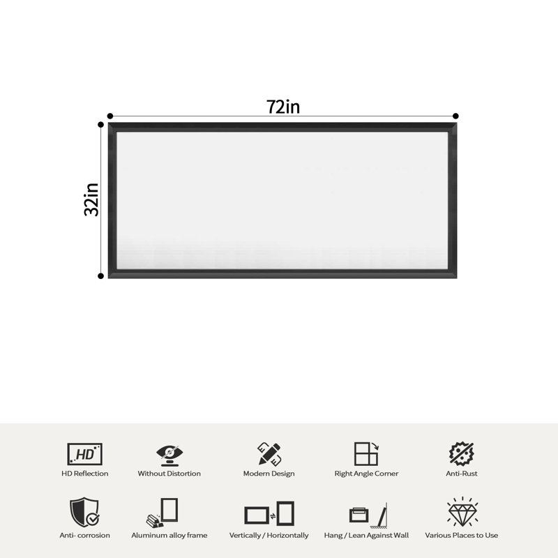 Miroir de salle de bain en verre trempé épais de haute qualité, 72 po x 32 po, Noir
