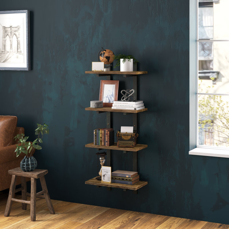 Rundell 20" Wide Rustic Industrial Solid Wood and Metal Frame Wall Mounted Tiered Shelf With Storage, 48" H x 20" W x 10" D