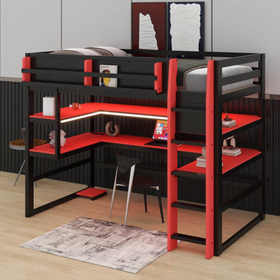 Wood Loft Bed With Desk, Side Storage Rack, Multi-Storage Shelves And RGB Light