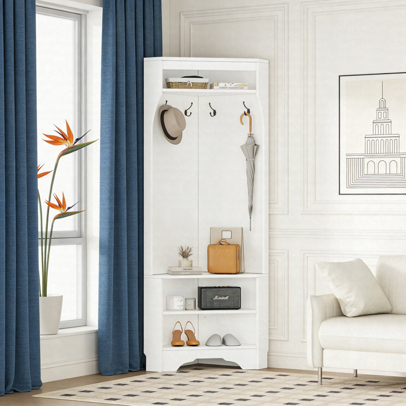 Minimalist Corner Hall Tree With Shoe Bench, Small Space Entryway Coat Rack With 4 Hooks And Adjustable Shelf Cabinet, White