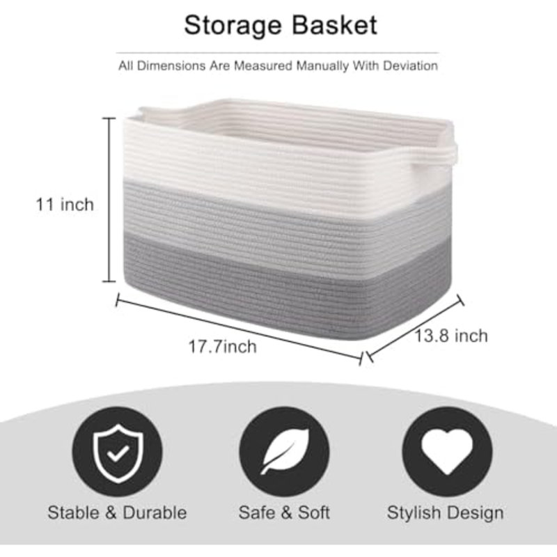 Cotton Rope Basket, Rectangle Woven Baskets For Storage, Nursery Blanket Storage Living Room, Toy Basket With Handle-17.7”X13.8”X11”-Gradient Grey