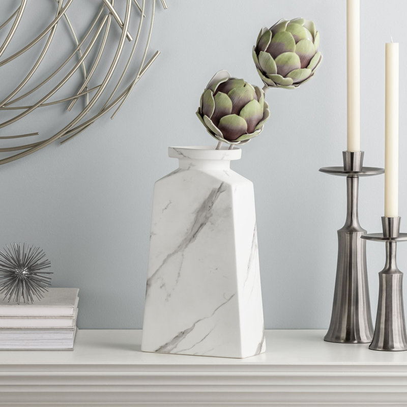 Ponzio White Marble Texture Ceramic Table Vase, 13" H x 7" W x 7" D