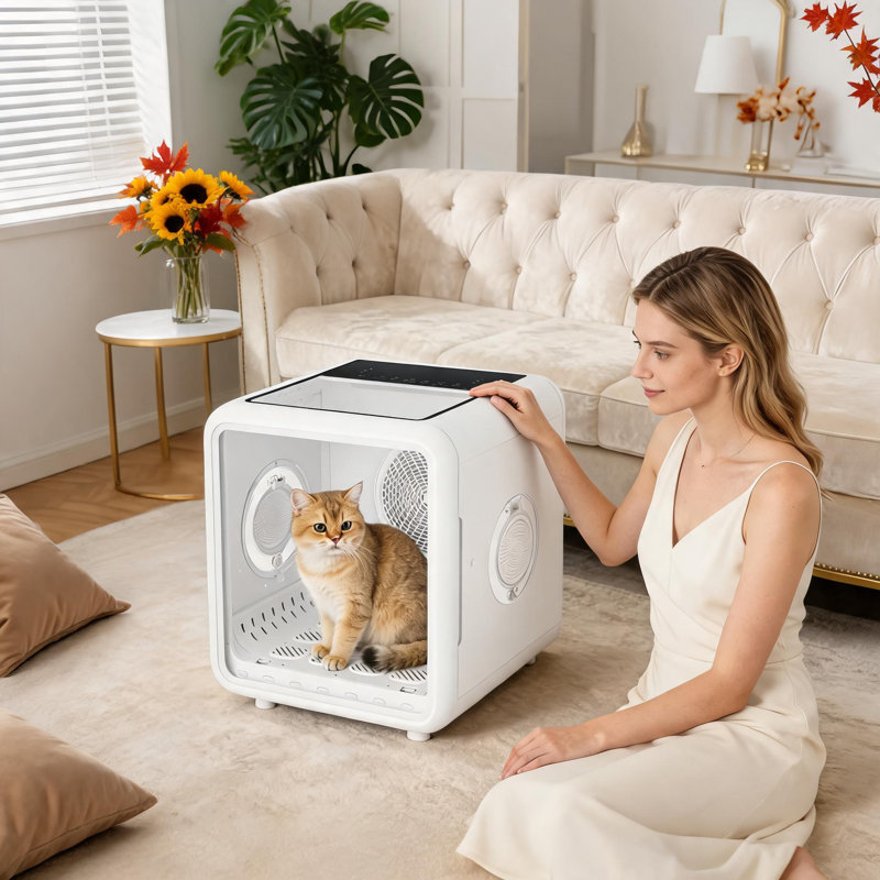 Bac de séchage automatique de 72 L pour chats et chiens - Souffleur de toilettage efficace à 360° - 5 sorties d'air - Ions négatifs - Contrôle intelligent et silencieux de la température - Affichage DEL et porte magnétique