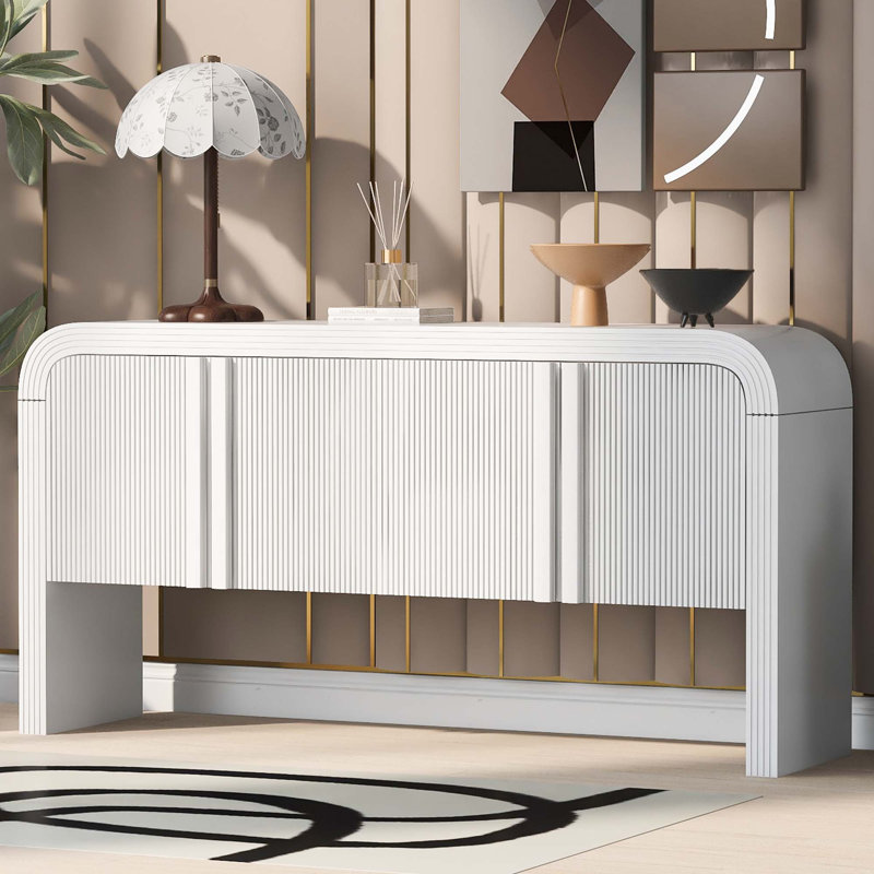 Armoire de rangement rayée avec 4 portes, réglable, idéale pour le bureau, l'entrée et le salon, Blanc