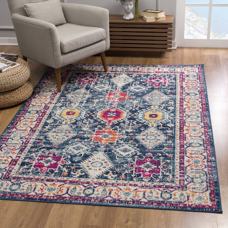 Tapis bleu marine à motif abstrait Kymiere, Rectangle 7 pi 9 po x 10 pi 9 po