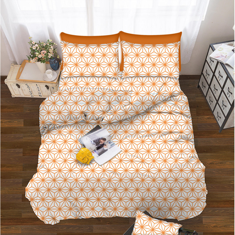 Cube Microfiber Geometric Sheet Set, King Sheet Set + Fitted Sheet + 4 Pillowcases, Orange