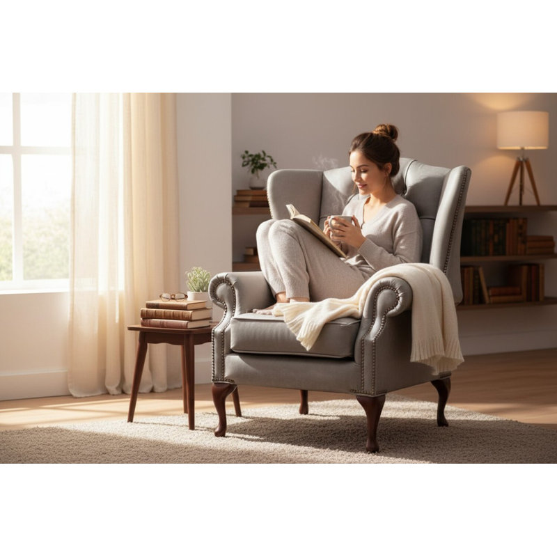 Upholstered Wingback Chair, Cracked Wax Ash