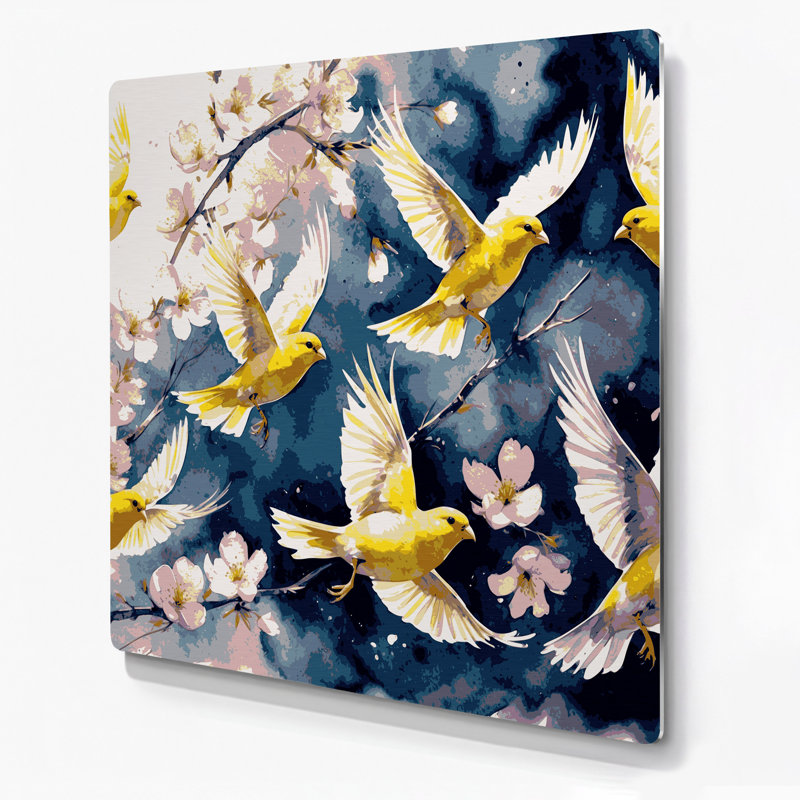 Oiseaux, art mural beige et canari, H 96 po x l 96 po x P 0,05 po