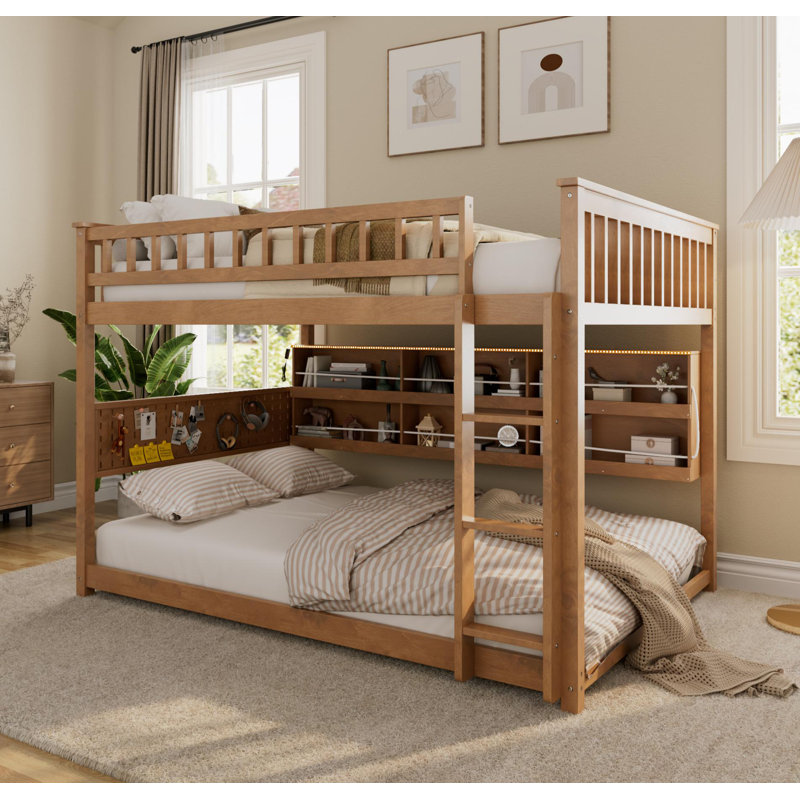 Full over Full Bunk Bed with Integrated Shelving, Color-Changing Lights and Pegboard, Brown, Full Over Full, Brown