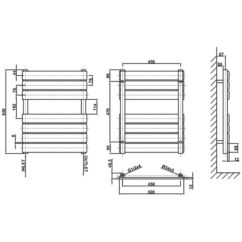Noella Anthracite Flat Panel Towel Rail Designer Radiator, 65cm H x 50cm W x 6.2cm D, Anthracite
