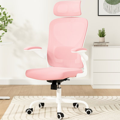 Home Office Desk Chair, , Adjustable Lumbar, , White & Pink, Ergonomic Mesh, Elastic Cushion, Breathable , 90 - 120 Rocking High Back Computer Comfortable, Office, Study Room, Quick Installation