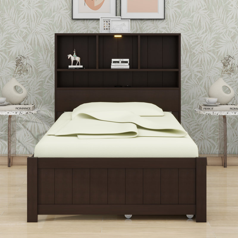 Wood Platform Bed With Bookcase Headboard, Built-In Downlight, Charging Station And Drawers, Expresso