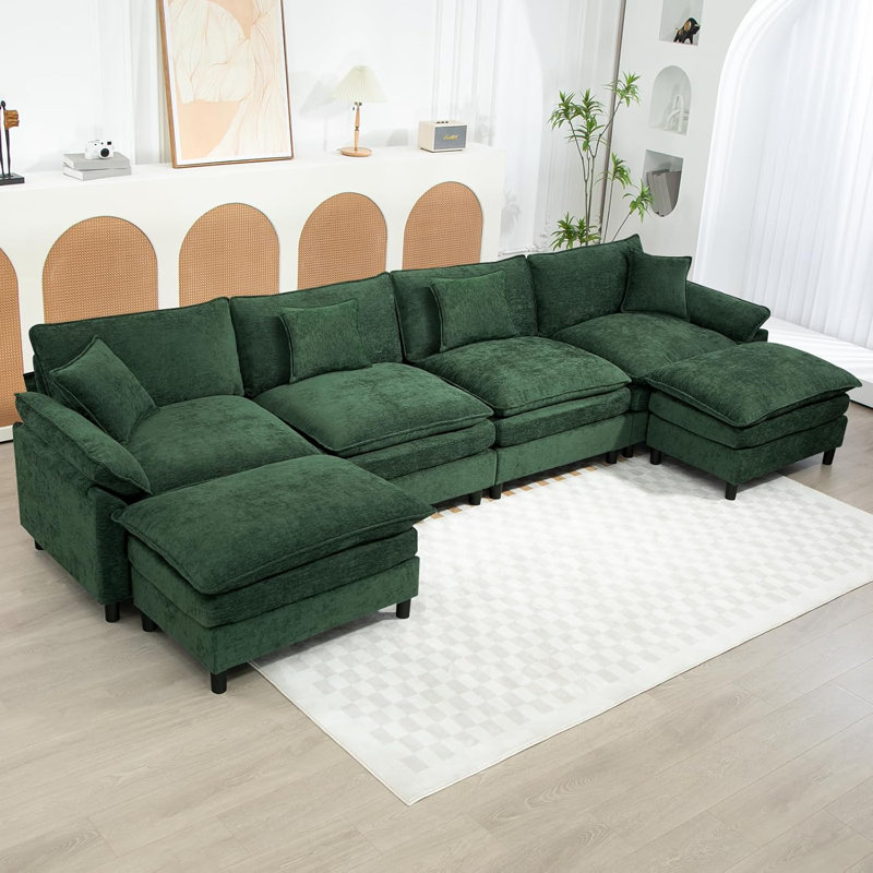 Upholstered U-Shape Sectional With Two Ottomans, 34.6" H x 146.5" W x 57.8" D, Green Chenille