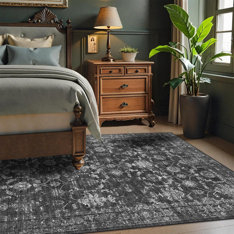Vintage Boho Area Rug - Washable Non Slip Low Pile Rug, Black, Rectangle 3' x 5'