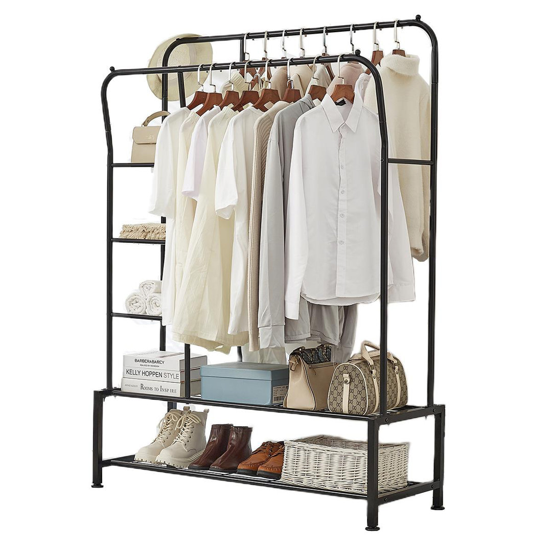 Clothes Rail With Double Hanging & Shelves Black Metal Garment Rack Heavy Duty